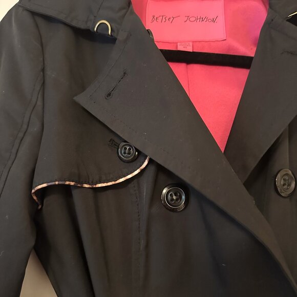 Betsey Johnson Black Button Leopard Detail Trench Coat XS - Picture 4 of 7